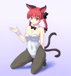Rule 34 | 1girl, animal ears, bare arms, bare shoulders, black pantyhose, bow, braid, breasts, cat ears, cat girl, cat tail, cleavage, detached collar, extra ears, female focus, hair bow, isaki (gomi), kaenbyou rin, kittysuit, kneeling, large breasts, leotard, multiple tails, nontraditional playboy bunny, pantyhose, red eyes, red hair, smile, solo, tail, touhou, twin braids, wrist cuffs