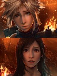 Rule 34 | 1boy, 1girl, armor, bare shoulders, black hair, blonde hair, blue eyes, blurry, blurry background, buster sword, closed mouth, cloud strife, commentary, earrings, english commentary, final fantasy, final fantasy vii, final fantasy vii remake, fire, highres, jewelry, lips, long hair, outdoors, parted lips, portrait, realistic, red eyes, ribbed sweater, safaia, shoulder armor, single earring, spiked hair, sweater, swept bangs, teardrop earring, tifa lockhart, turtleneck, turtleneck sweater, upper body, weapon, weapon on back, wind
