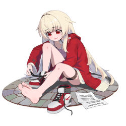 Rule 34 | 1girl, absurdres, barefoot, blonde hair, blush, clara (honkai: star rail), cokeanut10, collarbone, commentary, english commentary, english text, eyelashes, feet, full body, hair intakes, highres, honkai: star rail, honkai (series), jacket, knee up, legs, long hair, long sleeves, on ground, red eyes, red footwear, red jacket, shadow, shoes, sidelocks, single shoe, sitting, sneakers, soles, solo, sweatdrop, thigh strap, thighs, toes, tying footwear, white footwear