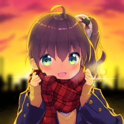 Rule 34 | 1girl, :d, absurdres, ahoge, blazer, blue eyes, blue jacket, blurry, blurry background, blush, breath, brown hair, brown sweater, cat hair ornament, cloud, cloudy sky, depth of field, fringe trim, green eyes, hair between eyes, hair ornament, high ponytail, highres, hololive, jacket, long sleeves, looking at viewer, minamura haruki, multicolored eyes, natsuiro matsuri, open clothes, open jacket, open mouth, outdoors, plaid, plaid scarf, red ribbon, red scarf, ribbon, scarf, school uniform, shirt, side ponytail, sky, sleeves past wrists, smile, solo, striped ribbon, sunset, sweater, upper body, virtual youtuber, white shirt