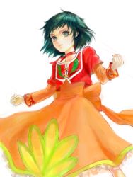 Rule 34 | 00s, 1girl, choker, clenched hand, clenched hands, dress, farah oersted, green eyes, green hair, long sleeves, matching hair/eyes, multicolored clothes, multicolored dress, orange dress, ribbon choker, short hair, solo, tales of (series), tales of eternia, tegaki, toji ko, tojiko
