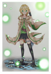Rule 34 | 1girl, black thighhighs, blonde hair, breasts, cosplay, duel monster, eria (cosplay), eria the water charmer, feng ling (fenglingwulukong), green eyes, hand in own hair, highres, jacket, looking at viewer, medium breasts, mizuhashi parsee, pointy ears, short hair, skirt, solo, thighhighs, touhou, yu-gi-oh!