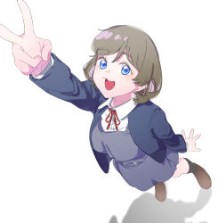 1girl :3 :d absurdres black_socks blue_eyes blue_jacket brown_footwear collared_shirt dress dress_shirt foreshortening full_body grey_dress highres jacket light_brown_hair long_sleeves love_live! love_live!_superstar!! neck_ribbon open_clothes open_jacket open_mouth parted_bangs red_ribbon ribbon school_uniform shadow shirt shoes short_dress short_hair simple_background smile socks solo standing tang_keke v white_background white_shirt winter_uniform ykepouty yuigaoka_school_uniform