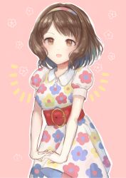 Rule 34 | 10s, 1girl, brown eyes, brown hair, commentary request, dress, floral print, highres, idolmaster, idolmaster cinderella girls, looking at viewer, lvetica, nagatomi hasumi, open mouth, pink background, short hair, smile, solo