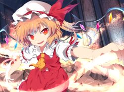 Rule 34 | 1girl, ascot, bad id, bad pixiv id, blonde hair, fangs, female focus, flandre scarlet, hat, highres, laevatein, long hair, mizukami ryouma, open mouth, red eyes, side ponytail, skirt, skirt set, solo, embodiment of scarlet devil, touhou, wings, xjr1250