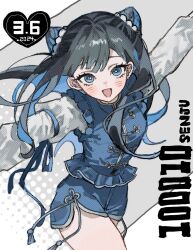 Rule 34 | 1girl, black hair, blue eyes, blue hair, blue jacket, blue ribbon, blue shorts, blush, colored inner hair, cone hair bun, cowboy shot, dated, dolphin shorts, double bun, frilled jacket, frills, hair bun, heart, highres, inu totemo, jacket, long hair, long sleeves, looking at viewer, mandarin collar, multicolored hair, open mouth, original, outstretched arms, ribbon, shirt, shorts, sleeveless, sleeveless jacket, solo, thighs, white shirt