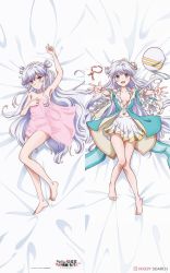 Rule 34 | 1girl, armpits, bare shoulders, barefoot, blue eyes, blush, breasts, cleavage, completely nude, covering privates, covering breasts, dakimakura (medium), dia viekone, dress, earrings, full body, grey hair, hat, highres, jewelry, long hair, looking at viewer, nude, official art, open clothes, open mouth, open shirt, sekai saikou no ansatsusha isekai kizoku ni tensei suru, small breasts, smile, thighs, topless, towel, unworn hat, unworn headwear