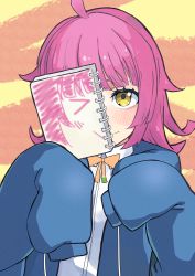 Rule 34 | 1girl, absurdres, ahoge, blue hoodie, blunt bangs, blush, chung1000, commentary, eyebrows hidden by hair, highres, holding, holding notebook, hood, hood down, hoodie, huge filesize, looking at viewer, love live!, love live! nijigasaki high school idol club, neck ribbon, nijigasaki school uniform, notebook, pink hair, ribbon, school uniform, shirt, short hair, sleeves past fingers, sleeves past wrists, solo, tennoji rina, white shirt, yellow eyes, yellow ribbon