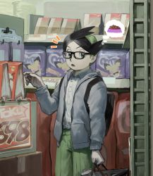 Rule 34 | 1boy, absurdres, backpack, bag, black-framed eyewear, black hair, blue eyes, casual, collared shirt, commentary request, cowboy shot, creatures (company), dress shirt, frontier brain, game freak, gen 2 pokemon, glasses, green hair, green pants, grey jacket, hand up, highres, holding, indoors, jacket, long sleeves, looking at viewer, male focus, multicolored hair, nakamime, nintendo, notice lines, open clothes, open jacket, open mouth, pants, pichu, pokemon, pokemon (creature), pokemon dppt, pokemon platinum, shirt, shop, shopping basket, solo, thorton (pokemon), thought bubble, two-tone hair, white shirt