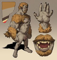 Rule 34 | 1boy, abs, bara, beard, blonde hair, body fur, colored skin, completely nude, concept art, disembodied limb, facial hair, fingernails, flaccid, from side, full body, grey skin, highres, large pectorals, looking at viewer, male focus, mature male, monster boy, muscular, muscular male, nipples, nude, original, pectorals, penis, pointy ears, profile, roamingthrough1, rock boy, sharp fingernails, short hair, sideways glance, standing, thick arms, thick beard, thick eyebrows, thick mustache
