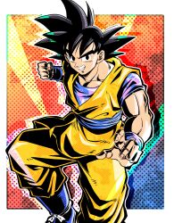 Rule 34 | 1boy, absurdres, black hair, clenched hand, commentary, commentary request, dougi, dragon ball, dragon ball daima, grin, highres, muscular, muscular male, pectorals, smile, solo, son goku, teeth, ushi (akabec0)