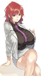 Rule 34 | 1girl, arm support, black shirt, breasts, closed mouth, collared shirt, colored eyelashes, crossed legs, dress shirt, gigantic breasts, highres, horikawa raiko, huge breasts, jacket, long sleeves, looking at viewer, miniskirt, muneneko, necktie, pencil skirt, pink necktie, red eyes, red hair, shirt, short hair, simple background, sitting, sketch, skirt, smile, solo, touhou, white background, white skirt