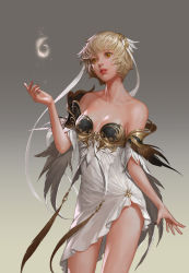 Rule 34 | 1girl, absurdres, bare shoulders, blonde hair, breasts, cleavage, commentary, detached sleeves, dress, english commentary, head tilt, highres, looking ahead, mam ba, nose, open hands, parted lips, realistic, seven knights, short hair, short sleeves, small breasts, solo, white dress, yeon hee (seven knights)