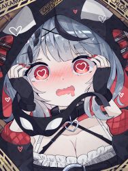 Rule 34 | 1girl, absurdres, bare shoulders, belt, black belt, black gloves, black hair, blush, braid, breasts, cleavage, collar, fingerless gloves, gloves, hair ornament, heart, heart-shaped pupils, highres, hololive, holox, hood, long sleeves, looking at viewer, melonbread, multicolored hair, nail polish, open mouth, red eyes, red nails, sakamata chloe, silver hair, solo, streaked hair, symbol-shaped pupils, virtual youtuber, x hair ornament