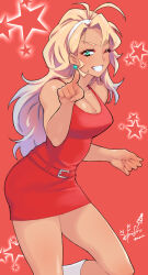 Rule 34 | 1girl, antenna hair, artist name, blonde hair, boots, breasts, christmas, commentary, dated, dress, earrings, green eyes, grin, half-closed eye, highres, hori shin, jewelry, large breasts, leg up, long hair, looking at viewer, microdress, one eye closed, original, pointing, pointing at viewer, red background, red dress, signature, smile, solo, standing, star (symbol), star earrings, starry background, tan, white footwear