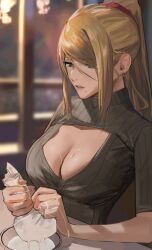 Rule 34 | 1girl, blonde hair, blue eyes, bowl, breasts, cleavage, cleavage cutout, clothing cutout, cream, cream on breasts, earrings, food on body, food on breasts, grey sweater, high ponytail, highres, j@ck, jewelry, large breasts, long hair, metroid, milk, mole, mole under mouth, nintendo, parted lips, samus aran, solo, squeezing, stud earrings, suggestive fluid, sweater, turtleneck, upper body, window