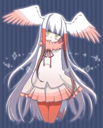 Rule 34 | 10s, 1girl, bird tail, blunt bangs, brown hair, commentary request, cowboy shot, cropped legs, feathered wings, frilled sleeves, frills, fur collar, head tilt, head wings, highres, japanese crested ibis (kemono friends), kemono friends, long hair, long sleeves, looking at viewer, multicolored hair, open mouth, pantyhose, petit ramune, red hair, red pantyhose, shirt, skirt, sleeves past fingers, sleeves past wrists, solo, sparkle, striped, striped background, tail, vertical stripes, very long hair, white hair, white shirt, wide sleeves, wings, yellow eyes