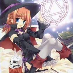 Rule 34 | 00s, aquarian age, blue eyes, book, braid, candle, cape, detached sleeves, frills, glyph, hat, highres, red hair, ribbon, sitting, skull, smile, solo, thighhighs, wand, witch, witch hat, wnb mark