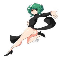 Rule 34 | 1girl, ass, bad id, bad tumblr id, bare legs, bigdead, black dress, breasts, curly hair, dress, eyelashes, from behind, full body, green eyes, green hair, high heels, legs, matching hair/eyes, no panties, no socks, one-punch man, outstretched arm, pelvic curtain, short hair, side slit, small breasts, solo, tatsumaki