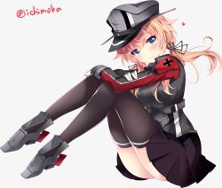 Rule 34 | 10s, 1girl, black jacket, black skirt, black thighhighs, blonde hair, blue eyes, gloves, grey background, hat, heart, ichiyou moka, jacket, kantai collection, long hair, long sleeves, low twintails, military, military uniform, peaked cap, pleated skirt, prinz eugen (kancolle), skirt, smile, solo, thighhighs, twintails, twitter username, uniform, white gloves