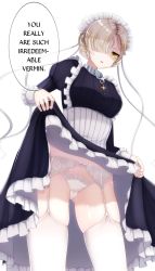 Rule 34 | 1girl, azur lane, blonde hair, bow, bow panties, braid, breasts, cameltoe, clothes lift, cowboy shot, disgust, dress, dress lift, frilled dress, frilled sleeves, frills, garter belt, gluteal fold, hair over one eye, hard-translated, highres, lifted by self, lingerie, maid, maid headdress, orange eyes, panties, puffy sleeves, sheffield (azur lane), shiira (nya rl), short hair, simple background, skindentation, solo, thighhighs, third-party edit, translated, underwear