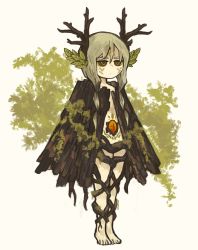 Rule 34 | 1girl, antlers, barefoot, beige background, bodypaint, brooch, cape, colored sclera, expressionless, facepaint, full body, gem, gradient background, green sclera, grey hair, horns, ivy, jewelry, jitome, leaf, long hair, moss, multicolored eyes, no bra, no panties, original, plant, satsumai, solo, standing, tree, wood