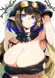 Rule 34 | 1girl, arknights, armpits, bandeau, bare shoulders, black gloves, black hair, blue eyes, blue hair, breasts, cleavage, eunectes (arknights), gin moku, gloves, goggles, goggles on head, highres, huge breasts, looking at viewer, multicolored hair, pointy ears, short hair, solo, sweat