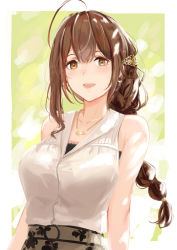 Rule 34 | 1girl, :d, ahoge, bad id, bad pixiv id, bare arms, bare shoulders, braid, breasts, brown eyes, brown hair, collarbone, hair ornament, highres, idolmaster, idolmaster shiny colors, jewelry, kuwayama chiyuki, large breasts, long hair, looking at viewer, necklace, open mouth, shirt, shirt tucked in, sidelocks, single braid, sleeveless, sleeveless shirt, smile, solo, takagaki eru, upper body, white shirt