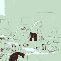 Rule 34 | absurdres, avogado6, beer can, can, child, child abuse, commentary request, drink can, facing away, from behind, futon, green theme, highres, kneeling, messy room, monochrome, original, pants, shirt, trash bag