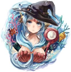 Rule 34 | 1girl, blue eyes, blue hair, breasts, bubble, cleavage, coral, front ponytail, hat, jewelry, large breasts, long hair, looking at viewer, magi the labyrinth of magic, matching hair/eyes, shell, shell bikini, solo, staff, tomoyami, water, witch hat, yamuraiha