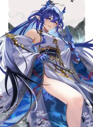 Rule 34 | 1girl, :d, absurdres, arknights, bare legs, bare shoulders, bird, blue hair, blue skin, breasts, chen ying (alan-yut), colored skin, detached sleeves, dragon horns, dress, earrings, feet out of frame, highres, holding, horns, jewelry, large breasts, ling (arknights), ling (it does wash the strings) (arknights), long hair, long sleeves, looking at viewer, official alternate costume, open mouth, pelvic curtain, pointy ears, purple eyes, sash, smile, solo, standing, very long hair, white dress, wide sleeves