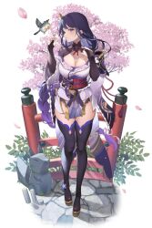 Rule 34 | 1girl, against railing, bird, black thighhighs, blunt bangs, blush, braid, breasts, bridal gauntlets, cherry blossoms, cleavage, cobblestone, commentary request, facing to the side, falling petals, finch, floating hair, flower, fox statue, genshin impact, hand up, hands up, highres, japanese clothes, kimono, large breasts, leaf, looking at viewer, low-braided long hair, low-tied long hair, mitarashimame, obi, obiage, obijime, off shoulder, okobo, panties, panty peek, parted lips, pelvic curtain, petals, purple eyes, purple flower, purple hair, purple kimono, raiden shogun, railing, sandals, sash, shrug (clothing), sidelocks, skindentation, solo, stone floor, tassel, thighhighs, thighs, tree, underwear, vision (genshin impact), white background, wide sleeves