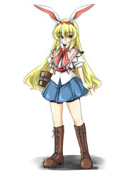 Rule 34 | 1girl, alice margatroid, animal ears, arms at sides, blonde hair, blouse, boots, cosplay, cross-laced footwear, female focus, full body, heterochromia, if they mated, lace-up boots, long hair, rabbit ears, reisen udongein inaba, shirt, simple background, solo, standing, tajima yuuki, touhou, white background, white shirt