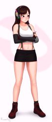 Rule 34 | 1990s (style), 1girl, bare shoulders, blush, brown eyes, brown hair, cosplay, crossover, d.va (overwatch), female focus, final fantasy, final fantasy vii, full body, long hair, midriff, nail polish, navel, overwatch, overwatch 1, retro artstyle, simple background, solo, standing, tifa lockhart, tifa lockhart (cosplay)