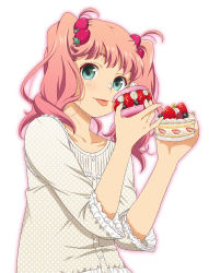 Rule 34 | 1girl, :p, aqua eyes, cake, food, food-themed hair ornament, food on face, fruit, hair ornament, icing, mattaku mousuke, original, pink hair, polka dot, simple background, solo, strawberry, strawberry hair ornament, tongue, tongue out, twintails, white background
