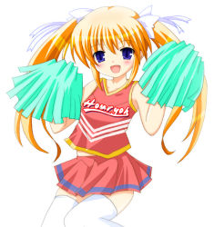 Rule 34 | 1girl, bare shoulders, blonde hair, blue eyes, blush, cheerleader, collarbone, dot nose, fang, long hair, original, pom pom (cheerleading), simple background, solo, thighhighs, twintails, white background, yamasaki tomoya, zettai ryouiki