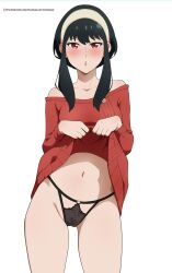 Rule 34 | 1girl, animanghayodraw, artist name, bare shoulders, black hair, black panties, blush, clothes lift, collarbone, cowboy shot, embarrassed, eyebrows, eyelashes, female focus, hairband, highres, lifting own clothes, looking at viewer, naughty face, navel, off-shoulder sweater, off shoulder, open mouth, panties, red eyes, red sweater, short hair with long locks, sidelocks, simple background, solo, spy x family, standing, sweater, sweater lift, underwear, white background, white hairband, yor briar