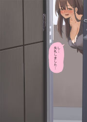 Rule 34 | 1girl, black shirt, breasts, brown eyes, brown hair, cleavage, collarbone, commentary, door, fang, kaisen chuui, large breasts, long hair, looking at viewer, open mouth, original, shirt, solo, speech bubble, sweat, translated