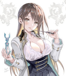 Rule 34 | 1girl, banned artist, breasts, brown eyes, brown hair, cleavage, collar, corset, earrings, highres, jewelry, large breasts, lips, long hair, looking at viewer, midori foo, military, military uniform, original, unbuttoned, unbuttoned shirt, uniform, upper body, wrinkled fabric