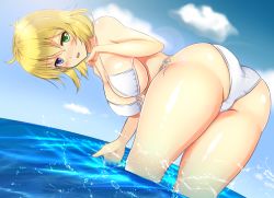 Rule 34 | 10s, 1girl, ass, bare shoulders, bent over, bikini, blonde hair, blue eyes, blush, breasts, female focus, from behind, green eyes, hanging breasts, heterochromia, huge ass, large breasts, leaning, leaning forward, looking at viewer, noeomi, open mouth, ryouna (senran kagura), senran kagura, shiny skin, short hair, sky, smile, solo, swimsuit, water, white bikini