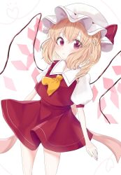 Rule 34 | 1girl, ascot, bow, braid, closed mouth, collared shirt, commentary request, crystal, eringi (rmrafrn), fingernails, flandre scarlet, hair between eyes, hat, hat bow, heart, highres, light brown hair, long hair, looking at viewer, mob cap, one side up, puffy short sleeves, puffy sleeves, red bow, red eyes, red skirt, red vest, shirt, short sleeves, simple background, skirt, solo, touhou, vest, white background, white hat, white shirt, wings, yellow ascot