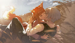 Rule 34 | 1boy, 1girl, absurdres, animal ears, brown hair, collared shirt, couple, craft lawrence, dress, hetero, highres, holding, holo, jacket, kiss, long hair, looking at viewer, shirt, smile, spice and wolf, tail, wheat, wolf ears, wolf girl, wolf tail, zuihou de miao pa si
