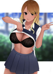 Rule 34 | 1girl, black bra, black eyes, blonde hair, blue skirt, blue vest, blurry, blurry background, blush, bra, breasts, brown hair, cleavage, closed mouth, clothes lift, collarbone, collared shirt, dark-skinned female, dark skin, gradient hair, gyaru, hand gesture, high-waist skirt, highres, idolmaster, idolmaster shiny colors, izumi mei, large breasts, lifting own clothes, long hair, looking at viewer, multicolored hair, navel, pleated skirt, senju (snz0), shirt, shirt lift, short sleeves, skirt, smile, solo, sweater vest, tongue, tongue out, underwear, v, vest, white shirt