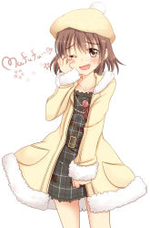 Rule 34 | 10s, 1girl, ;d, belt, blush, brown eyes, brown hair, coat, dress, floral print, flower, fur trim, hand on own cheek, hand on own face, hat, heart, highres, hoshino ouka, hoshinoouka, idolmaster, idolmaster cinderella girls, jewelry, kita hinako, necklace, one eye closed, open mouth, short hair, smile, solo, wink