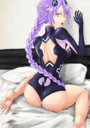 Rule 34 | 1girl, absurdres, artist request, ass, barefoot, bed, blue eyes, braid, breasts, from behind, gloves, hair ornament, highres, leotard, long hair, looking at viewer, looking back, neptune (series), open mouth, purple hair, purple heart (neptunia), shiny clothes, shiny skin, sideboob, sitting, solo, twin braids, very long hair, wariza