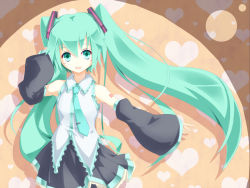 Rule 34 | 1girl, asutora, green eyes, green hair, hatsune miku, heart, long hair, looking at viewer, matching hair/eyes, open mouth, skirt, smile, solo, twintails, vocaloid