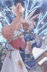 Rule 34 | 1boy, 1girl, animal ears, warrior of light (ff14), blonde hair, blue eyes, byuub, dancing, dark-skinned male, dark skin, earrings, final fantasy, final fantasy xiv, gloves, hand on another&#039;s back, hand on another&#039;s shoulder, highres, holding hands, jewelry, long hair, rabbit ears, red eyes, short hair, snow, tree, viera, white gloves, white hair