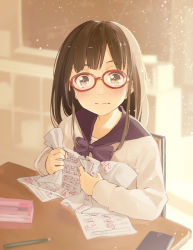 Rule 34 | 1girl, brown eyes, brown hair, classroom, closed mouth, desk, highres, holding, holding paper, indoors, long hair, long sleeves, looking at viewer, minamito, original, paper, pencil, red-framed eyewear, school, school desk, school uniform, shirt, sitting, solo, tears, academic test, test score, white shirt