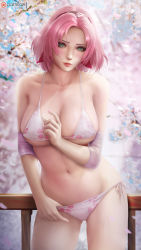Rule 34 | 1girl, arm warmers, artist name, bangs, bare arms, bare shoulders, bikini, blush, breasts, cherry blossoms, collarbone, english text, female focus, forehead protector, green eyes, hair ornament, haruno sakura, headband, highres, large breasts, looking at viewer, naruto (series), outdoors, parted bangs, parted lips, patreon logo, patreon username, pink hair, smile, solo, solo focus, stomach, swimsuit, thong bikini, watermark, web address, windwalker
