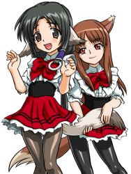 Rule 34 | 00s, 2girls, animal ears, bandabekken, bronze parrot, brown hair, cosplay, crossover, dog ears, eruruu, holding another&#039;s tail, holo, long hair, multiple girls, pantyhose, red eyes, spice and wolf, tail, tail grab, utawarerumono, waitress, wolf ears, wolf tail